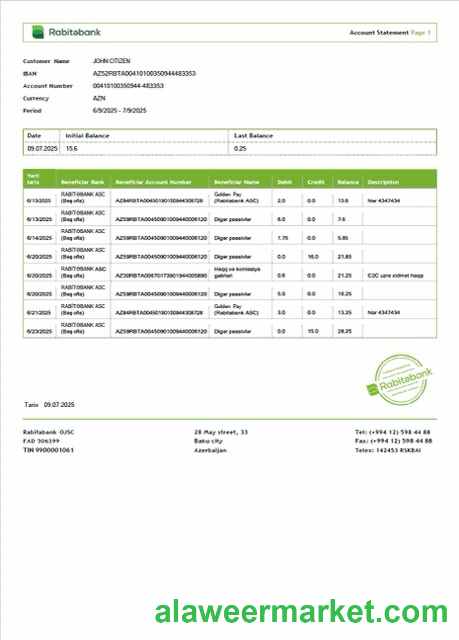 Azerbaijan Rabitəbank account statement Word and PDF template
